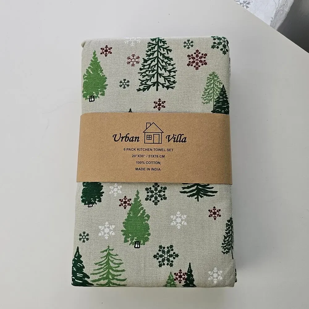 Urban Villa 6 pack cotton kitchen towels christmas trees snowflakes NIP